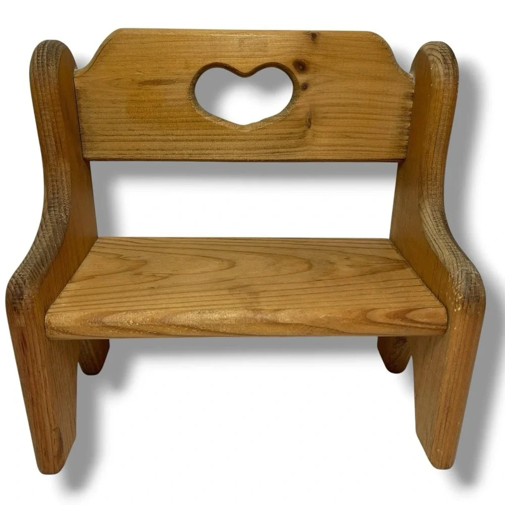 VTG Rustic Wooden Doll Bench Heart Cutout Country Folk Art Plant Stand Display